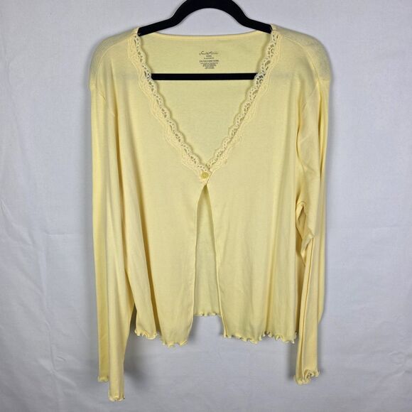 Secret Treasures Butter Yellow Lettuce Hem Lace Trim One Button Cardigan Y2K 2X - Picture 1 of 6